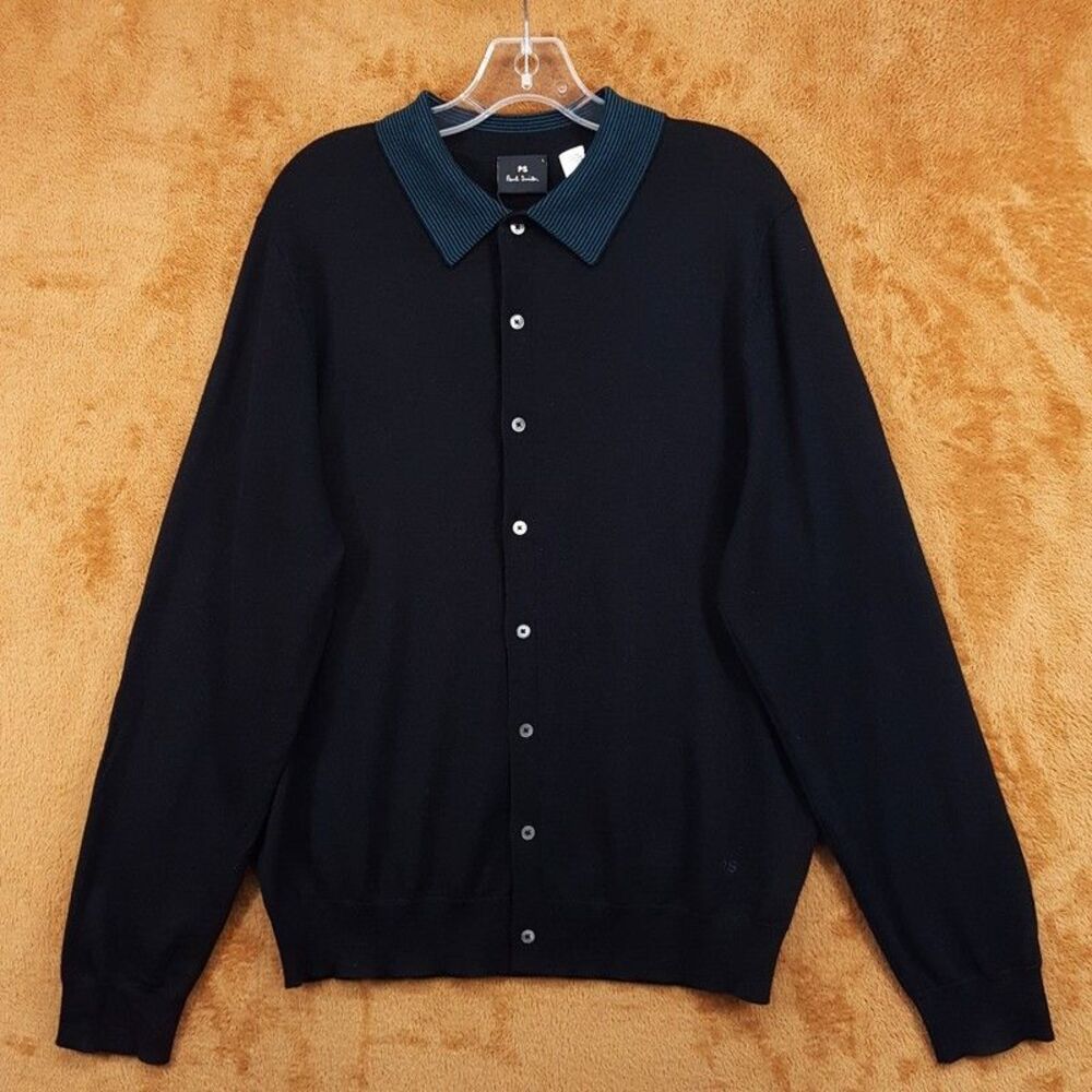 PAUL SMITH Sweater Mens Large Black Collared Cardigan 100% Merino Wool $295